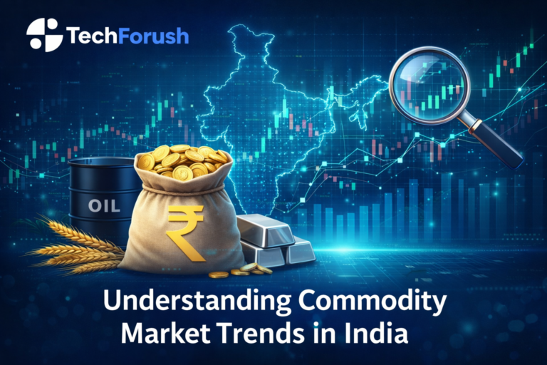 Illustration of India's commodity market trends with gold coins, oil barrel, silver bars, wheat, and financial charts